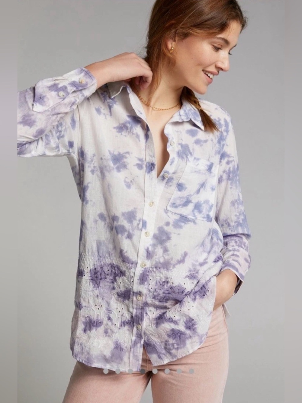 Anthropologie Pilcro Button Down Shirt XS Purple Tie Dye Eyelet Embroidered